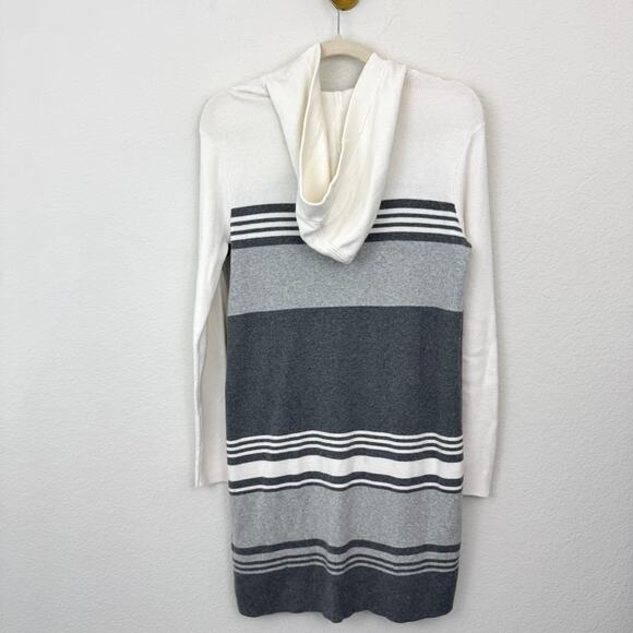 Chico's Womens Long Cardigan Hooded Sweater Size S Striped Neutral Cashmere Gray - Picture 3 of 6